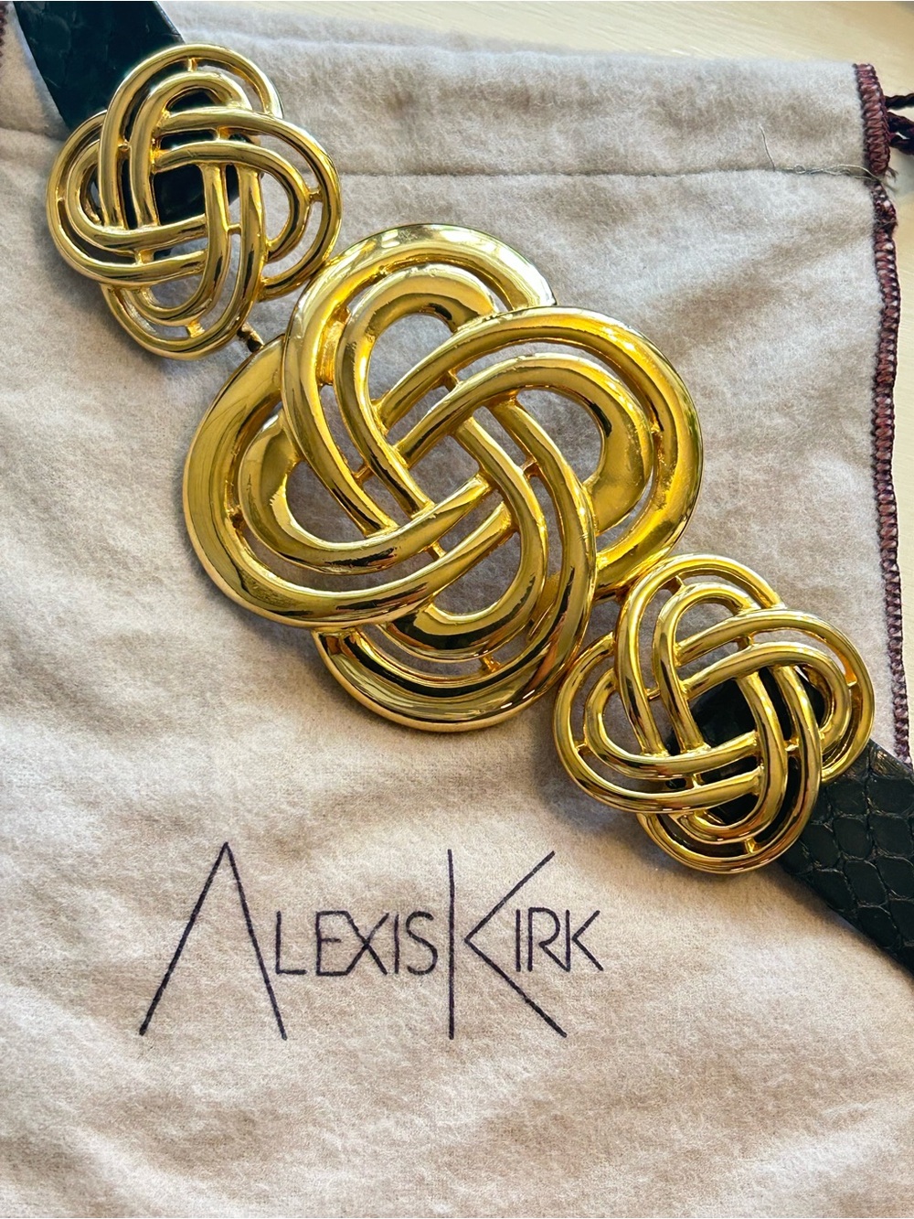 Vintage Alexis Kirk snake skin leather belt w/knotted gold tone buckle S-L
